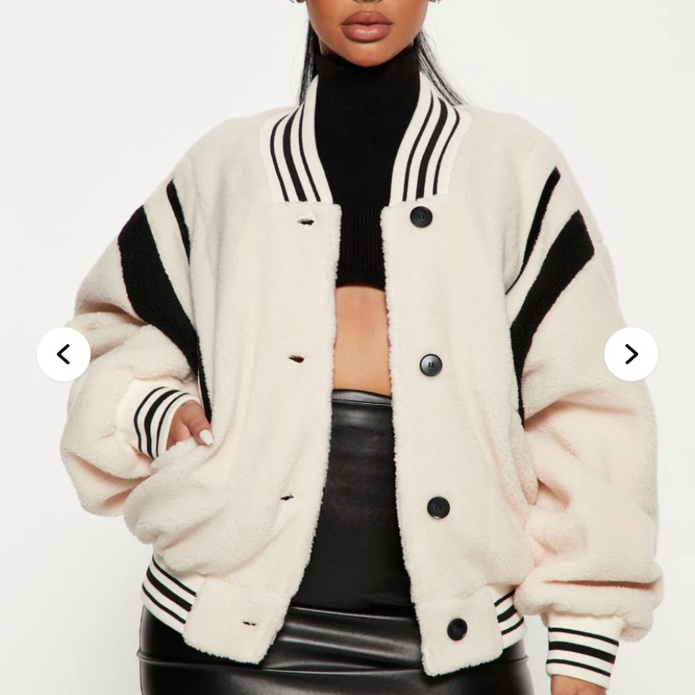 Fashion Nova Black and Cream Varsity Jacket